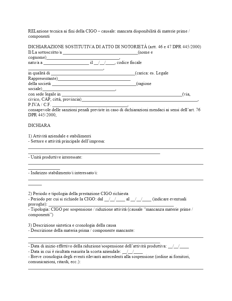 relazione tecnica CIGO mancanza materie prime​