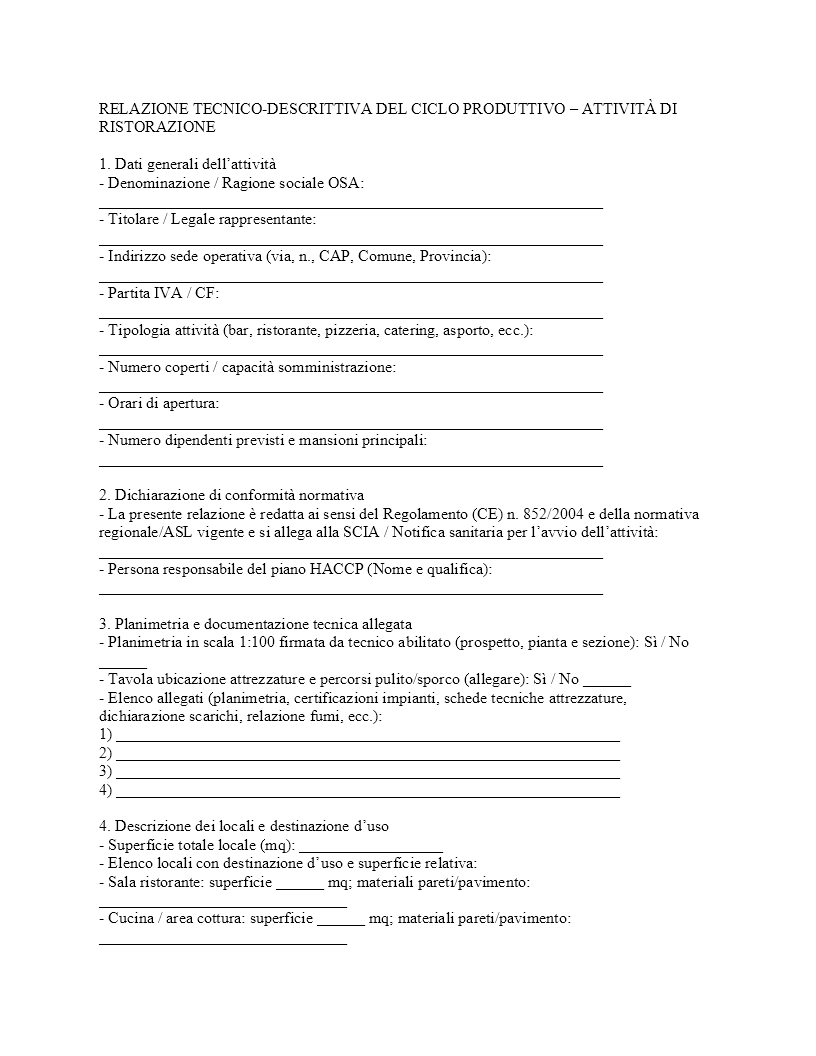 relazione tecnica ciclo produttivo ristorante​